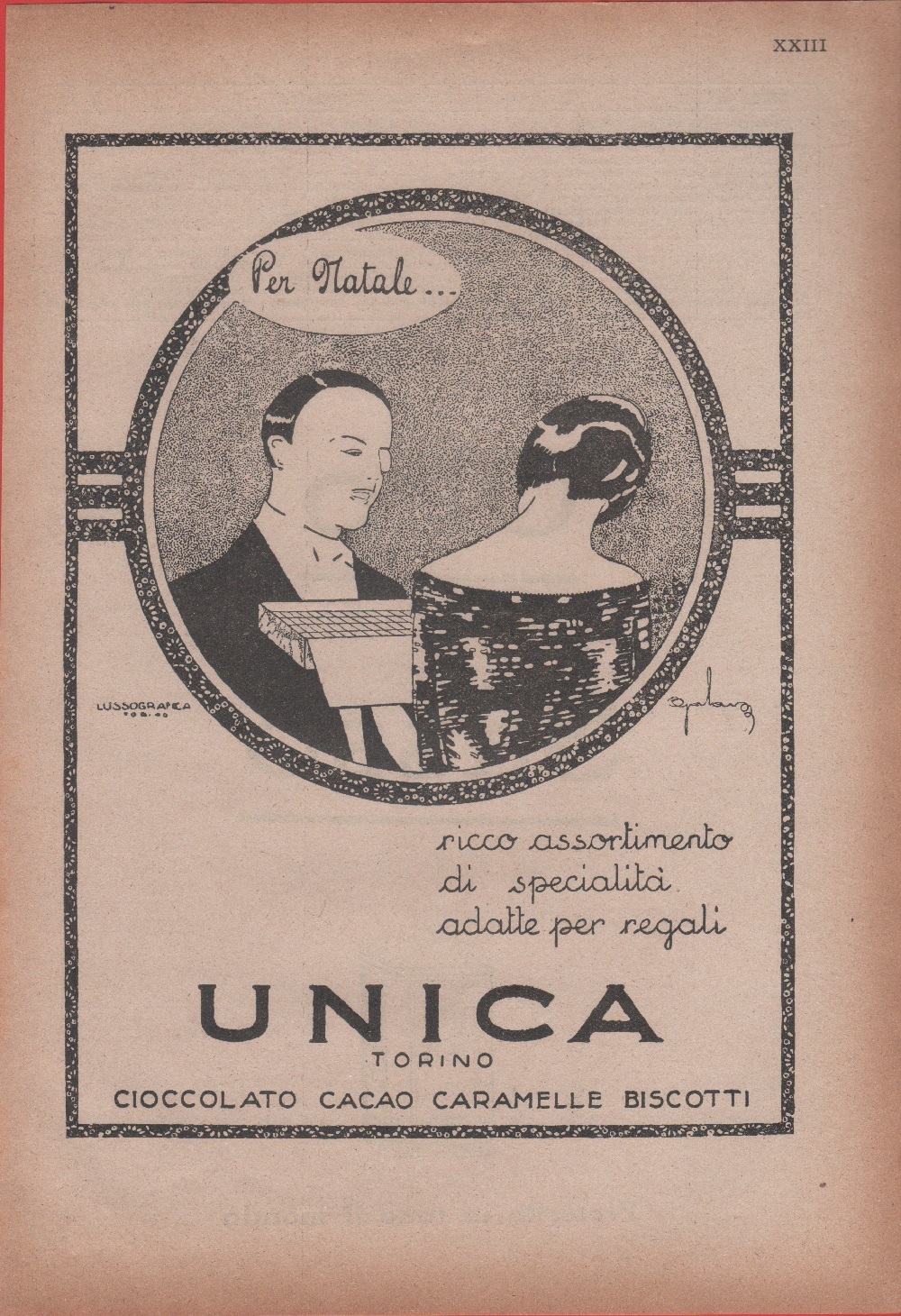 Unica Torino. Cioccolato, Cacao, Caramelle, Biscotti. Advertising 1926
