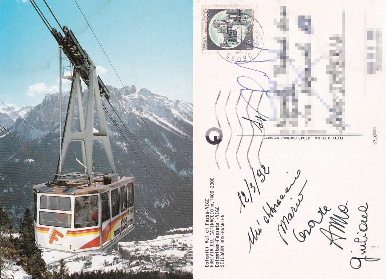 Valdifassa. Funivia del Catinaccio. Viaggiata 1992