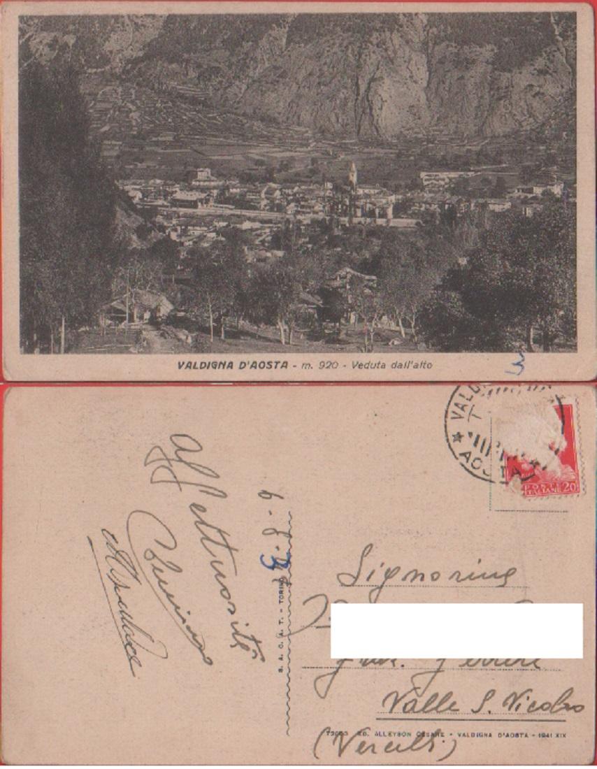 Valdigna (AO). veduta dall'alto. Viaggiata 1941
