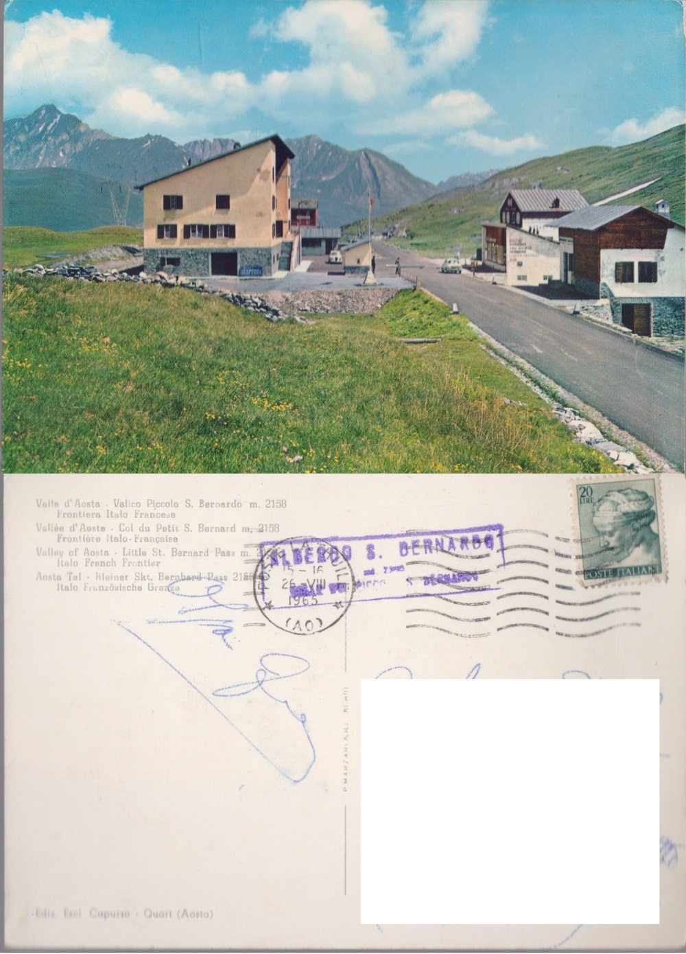 Valico del Piccolo S. Bernardo (AO). Frontiera Italo-Francese. Viaggiata 1965