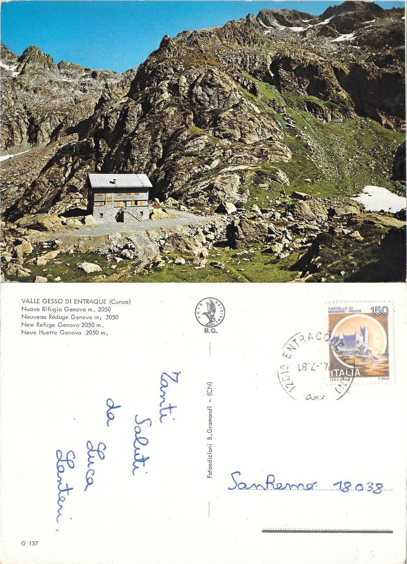 Valle Gesso di Entraque (CN). Nuovo Rifugio Genova. Viaggiata 1981