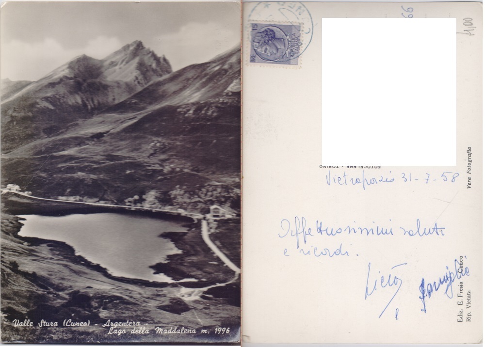 Valle Stura (CN). Argentera. Lago della Maddalena. Viaggiata 1958