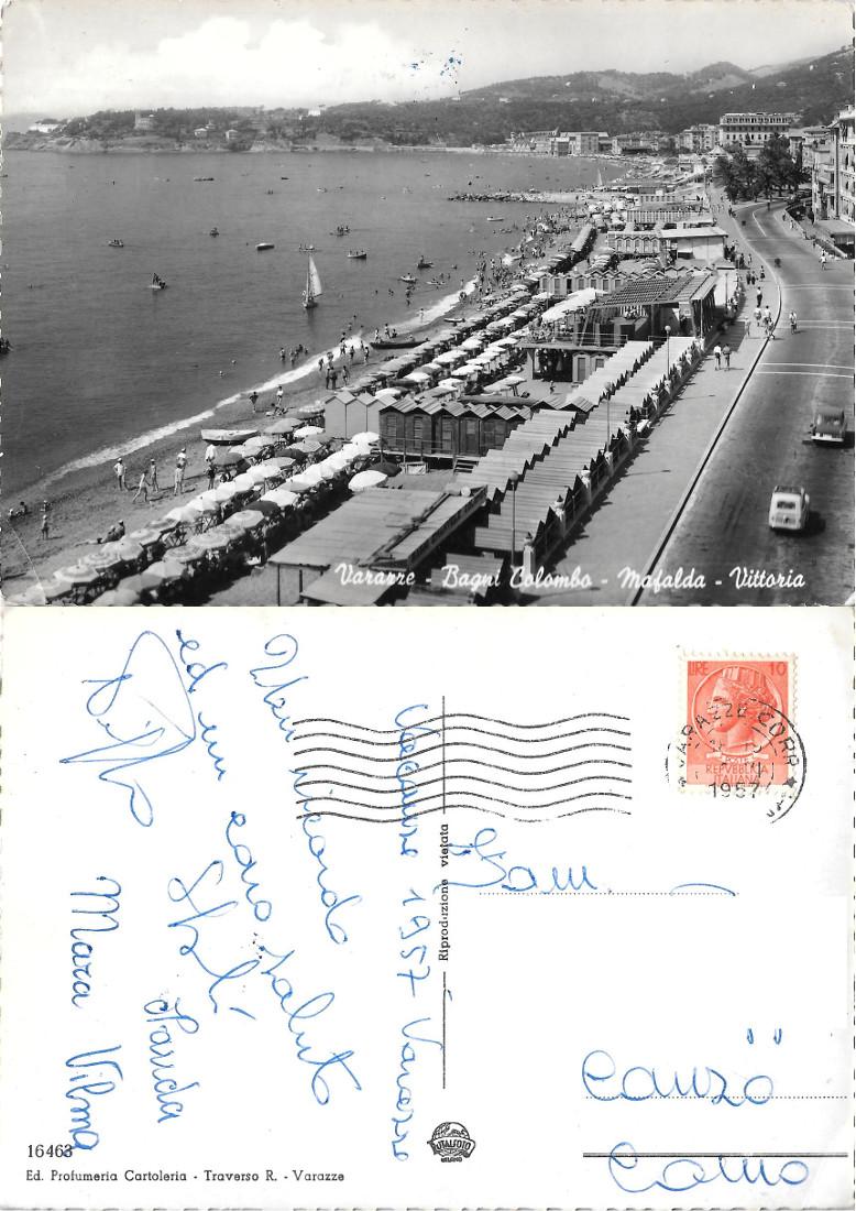 Varazze. Bagni Colombo, Mafalda, Vittoria. Viaggiata 1957