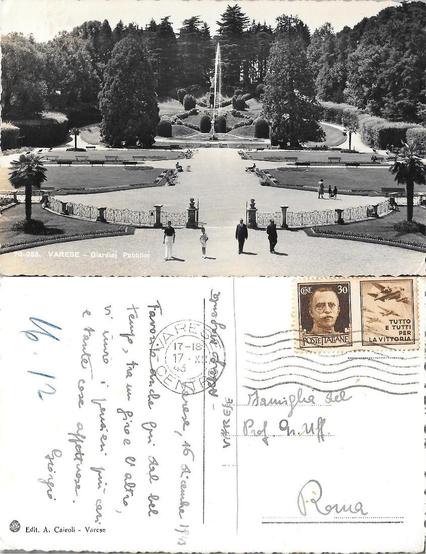 Varese. Giardini Pubblici. Ed. Brunner &amp; C. Viaggiata 1943