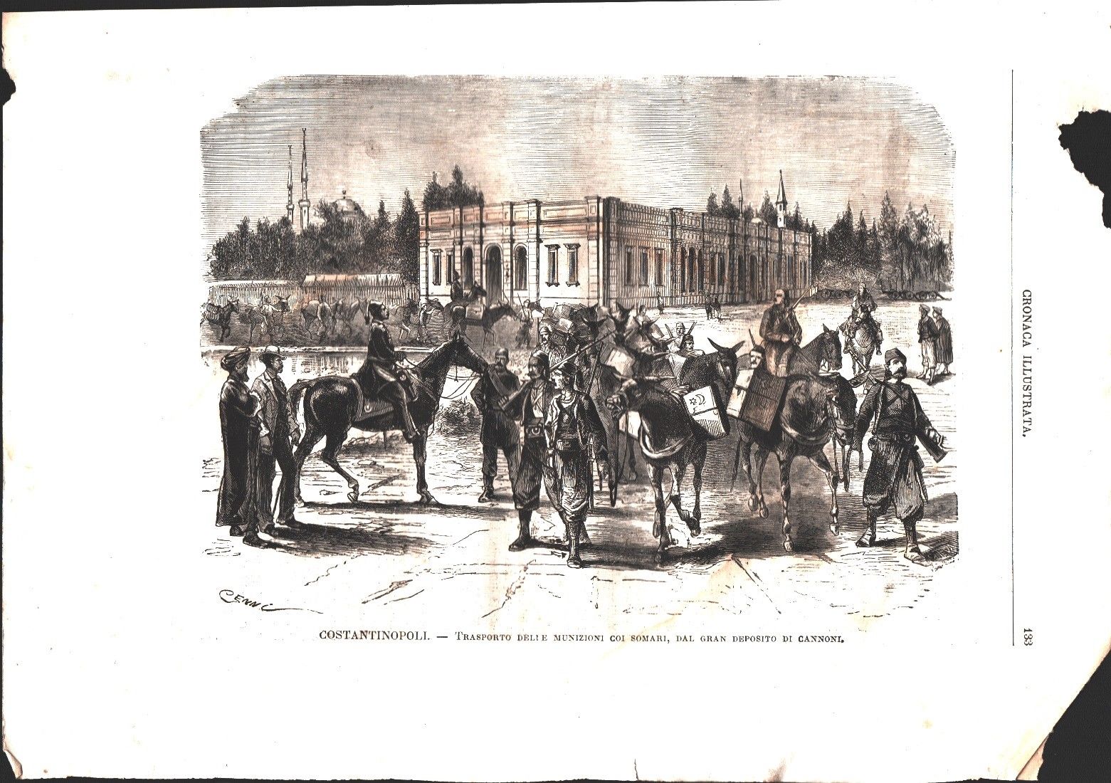Vecchia stampa. Costantinopoli. Trasporto delle munizioni coi somari.....
