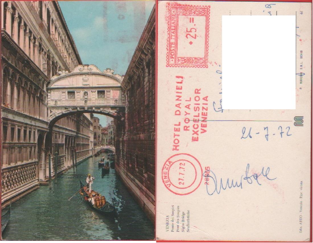 Venezia. Ponte dei Sospiri. Viaggiata 1972. Timbro Hotel Danieli