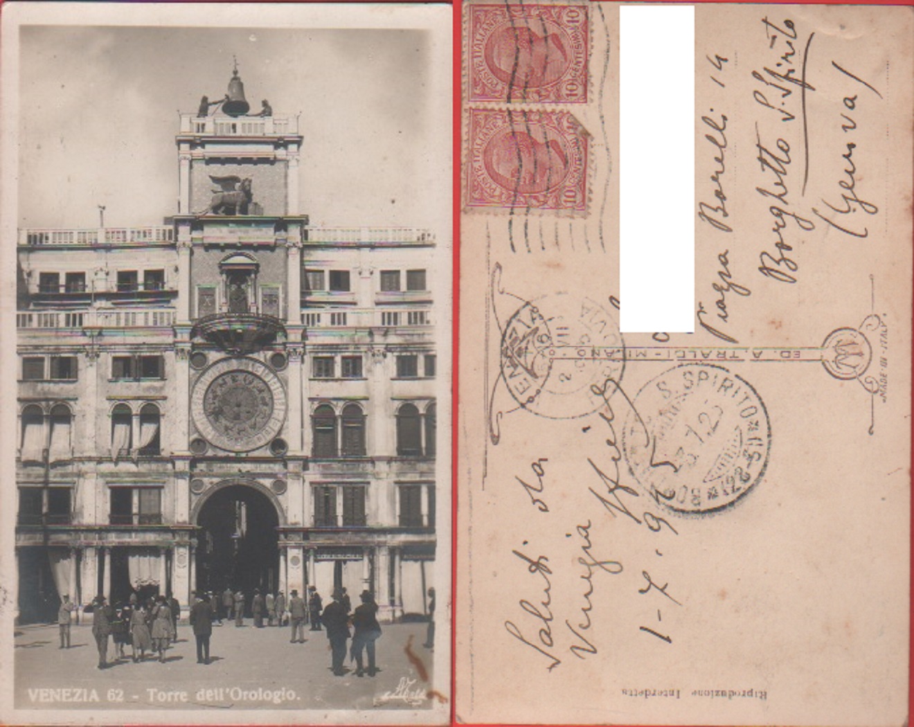 Venezia. Torre dell'orologio - Animata. Viaggiata 1925