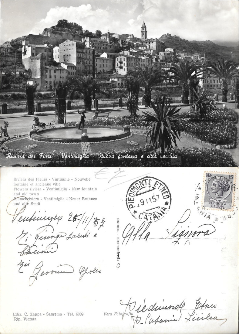 Ventimiglia. Nuova Fontana e Città Vecchia. Viaggiata 1957