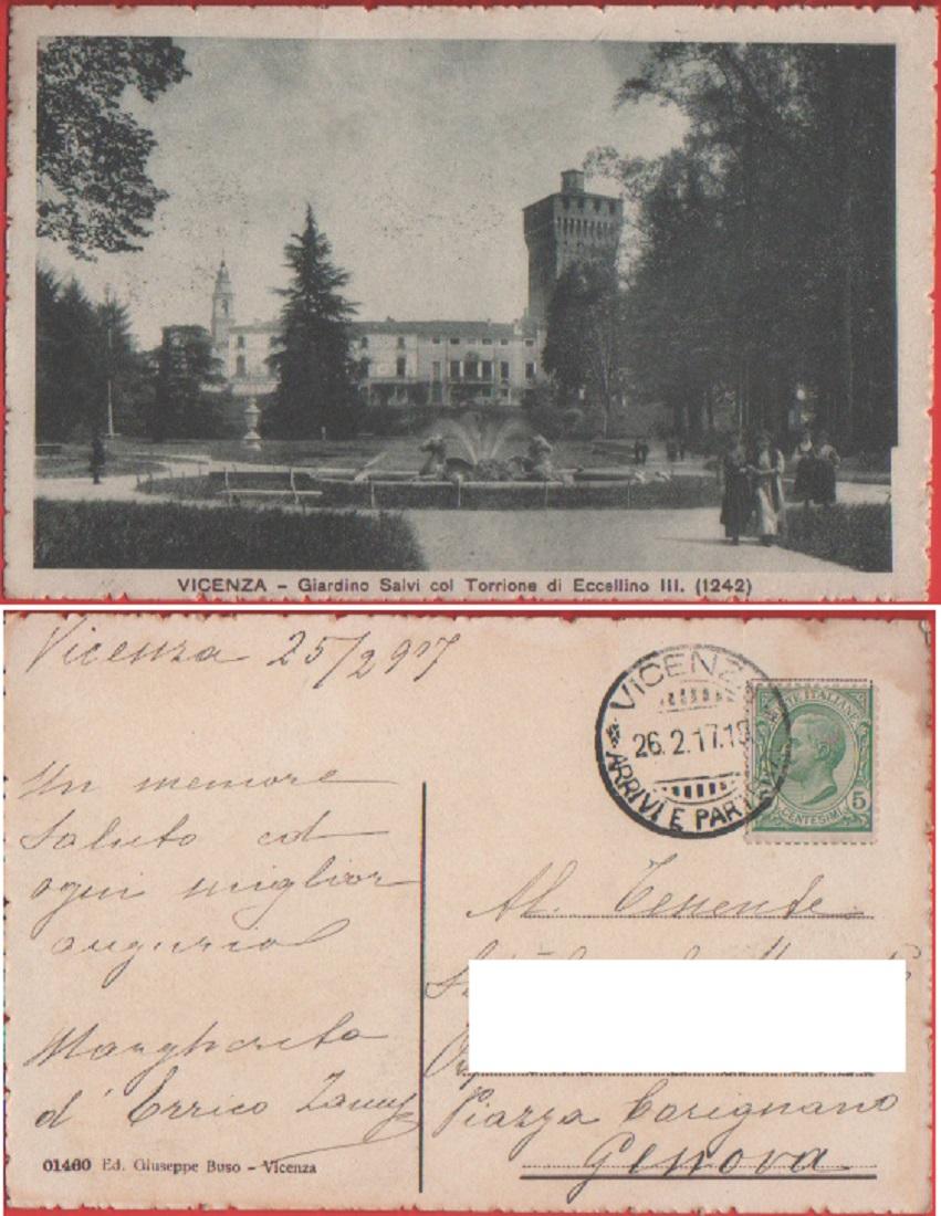 Vicenza. Giardino Salvi col torrione di Eccellino III. Viaggiata 1917