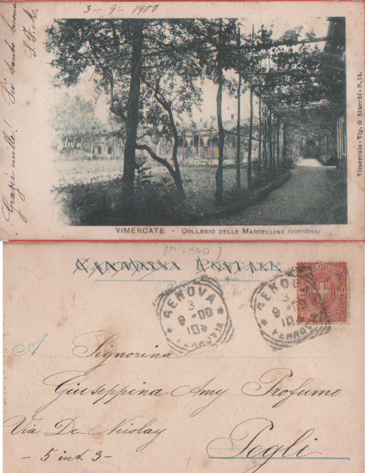 Vimercate. Collegio delle Marcelline (giardino). Viaggiata 1900