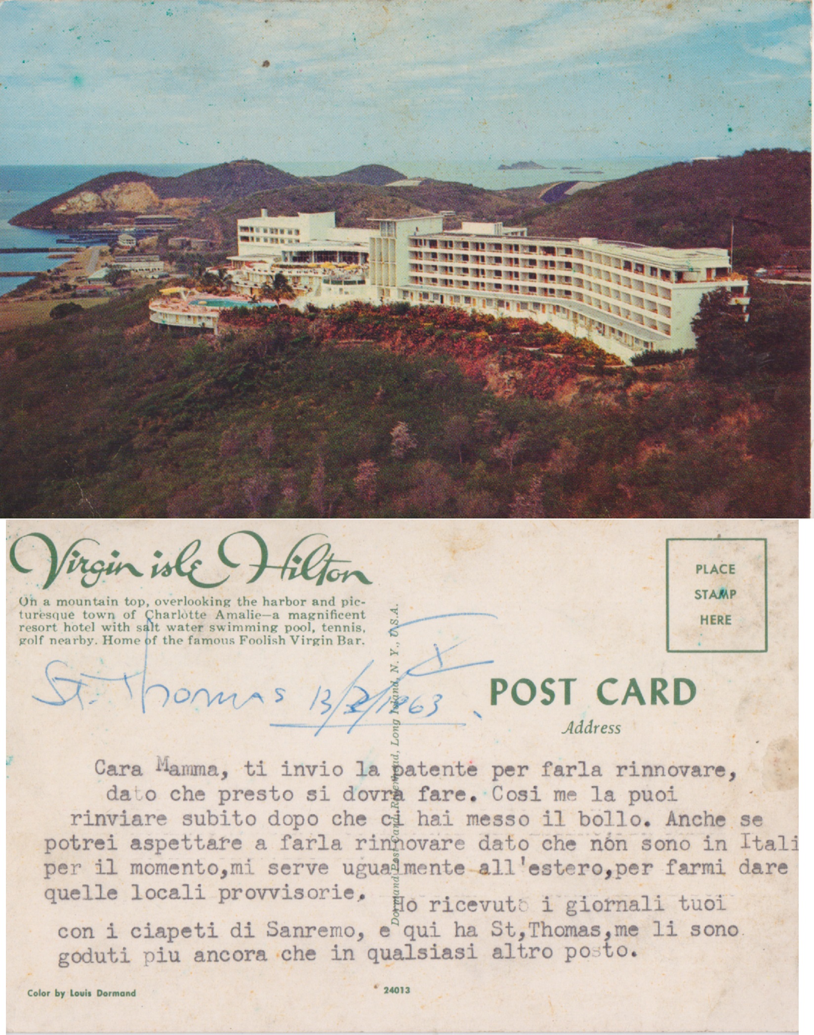 Virgin isle Hilton. St Thomas Charlotte. Scritta e datata 1963