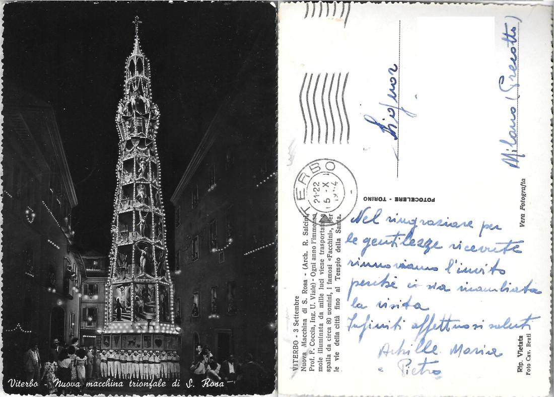 Viterbo. Nuova macchina triofale di S. Rosa. Viaggiata 1954