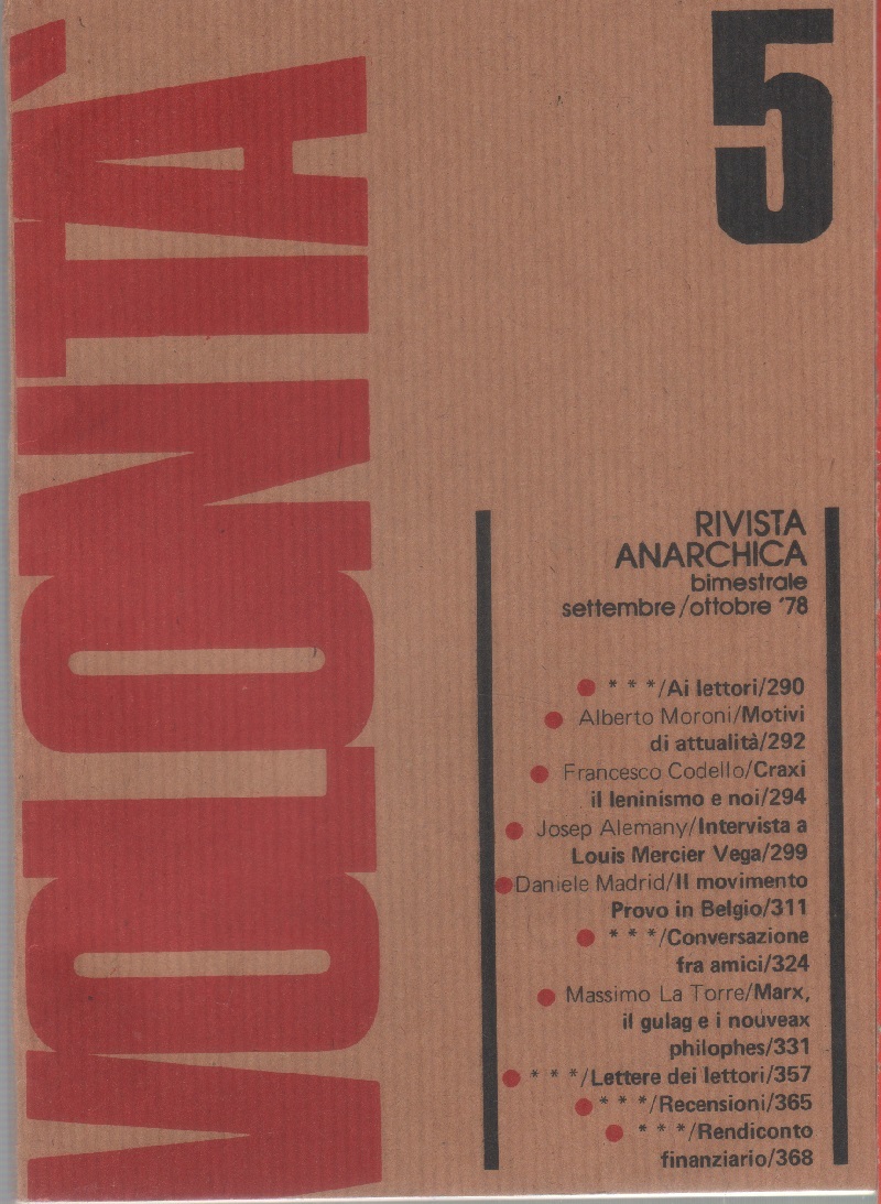 Volontà. Rivista Anarchica. n. 5 settembre/ottobre 1978. Anno XXXII