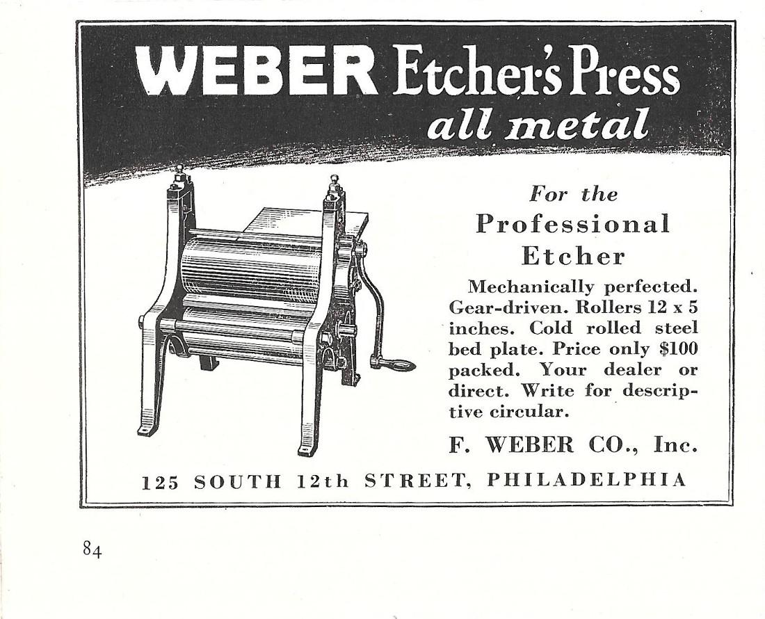 Weber etchers' press all metal. Philadelphia. Pubblicita 1929