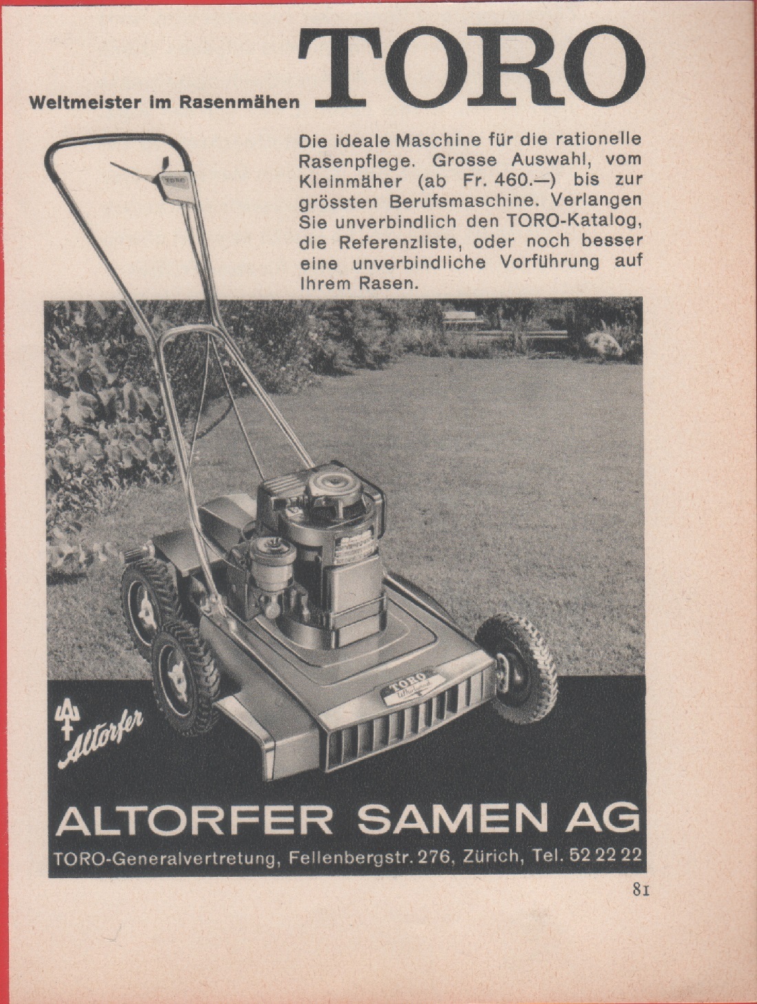 Weltmeister im Rasenmähen Toro. Advertising 1958