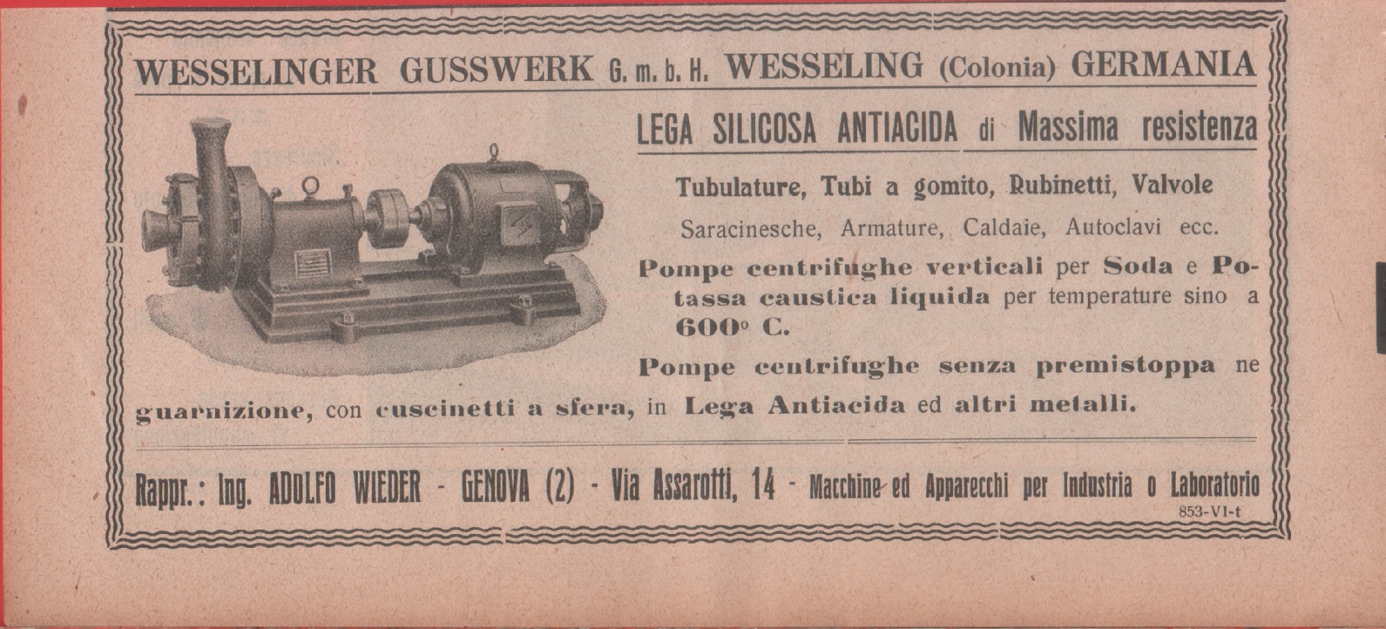 Wesserlinger Gusswerk. Lega silicosa antiacida. Advertising 1926