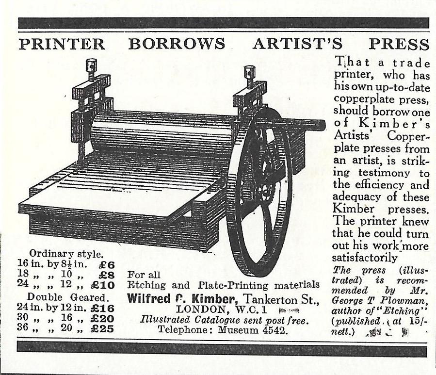 Wilfred &amp; Kimber. Printer borrows Artist's press. Advertising 1924