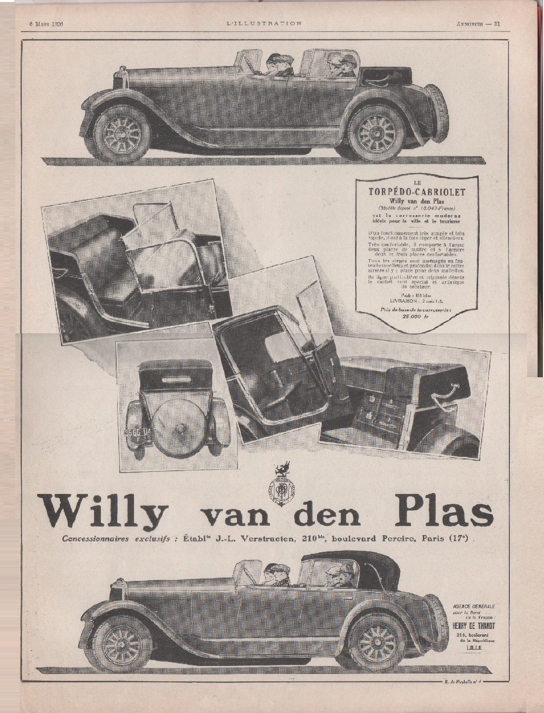 Willy van den Plas, torpedo-cabriolet. Advertising 1926