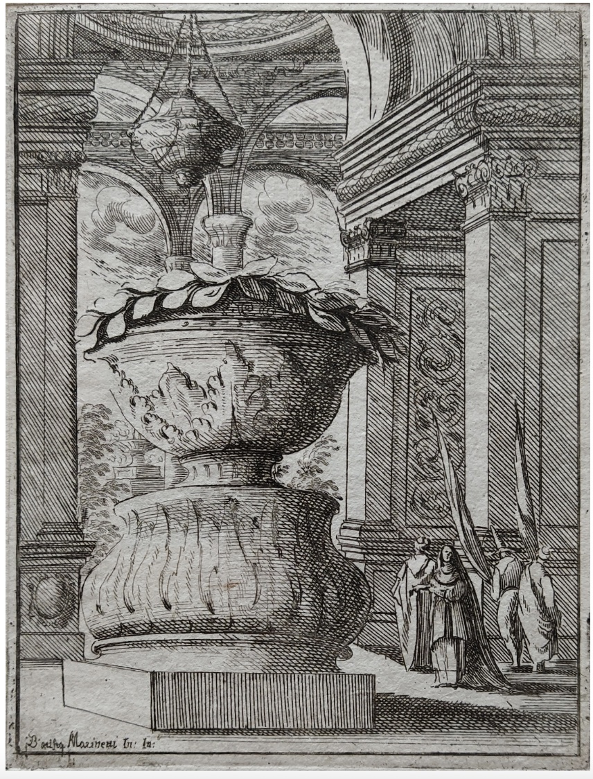 Grande vaso nell'atrio di un palazzo con quattro figure
