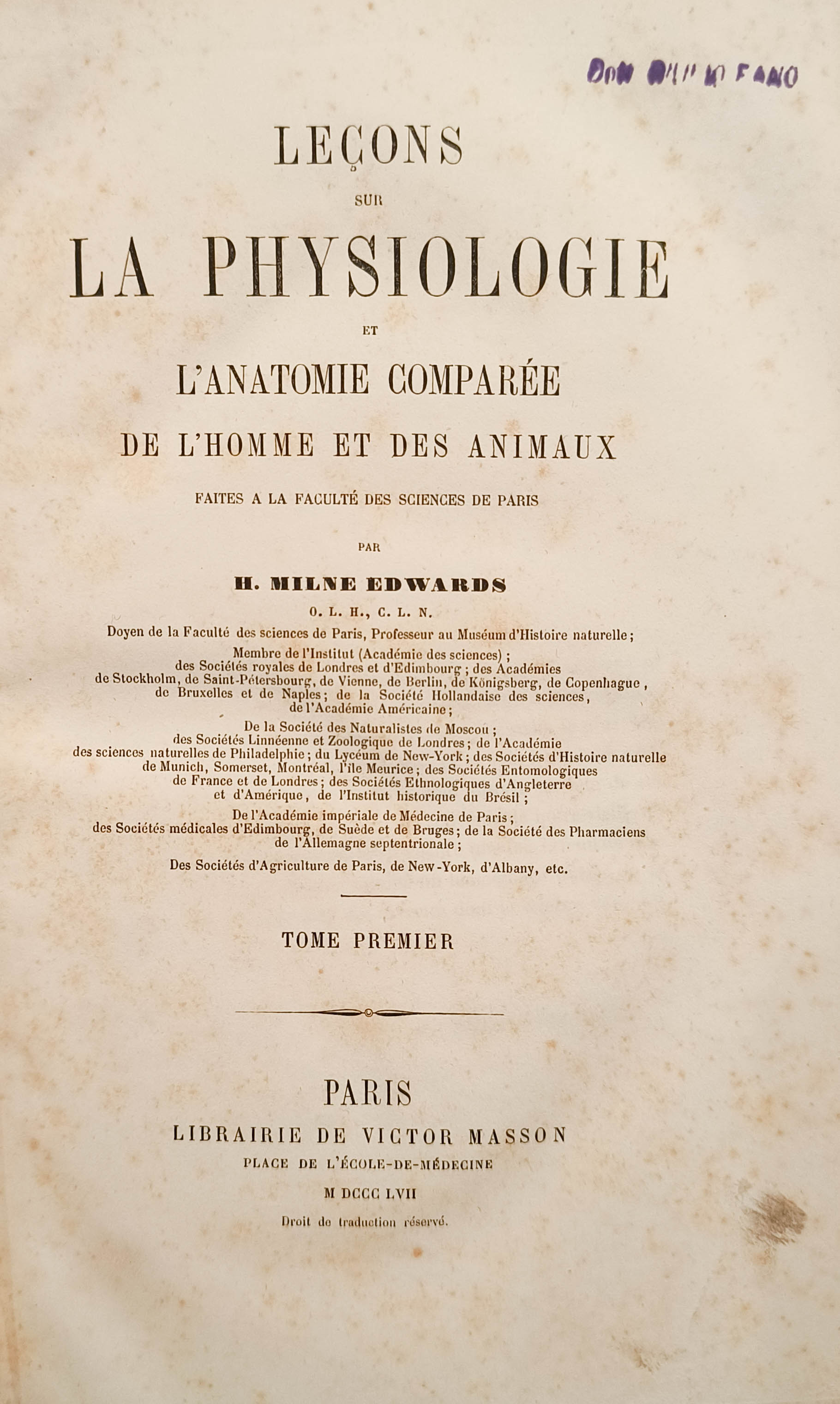 Leçons sur la physiologie et l'anatomie comparée de l'homme et …