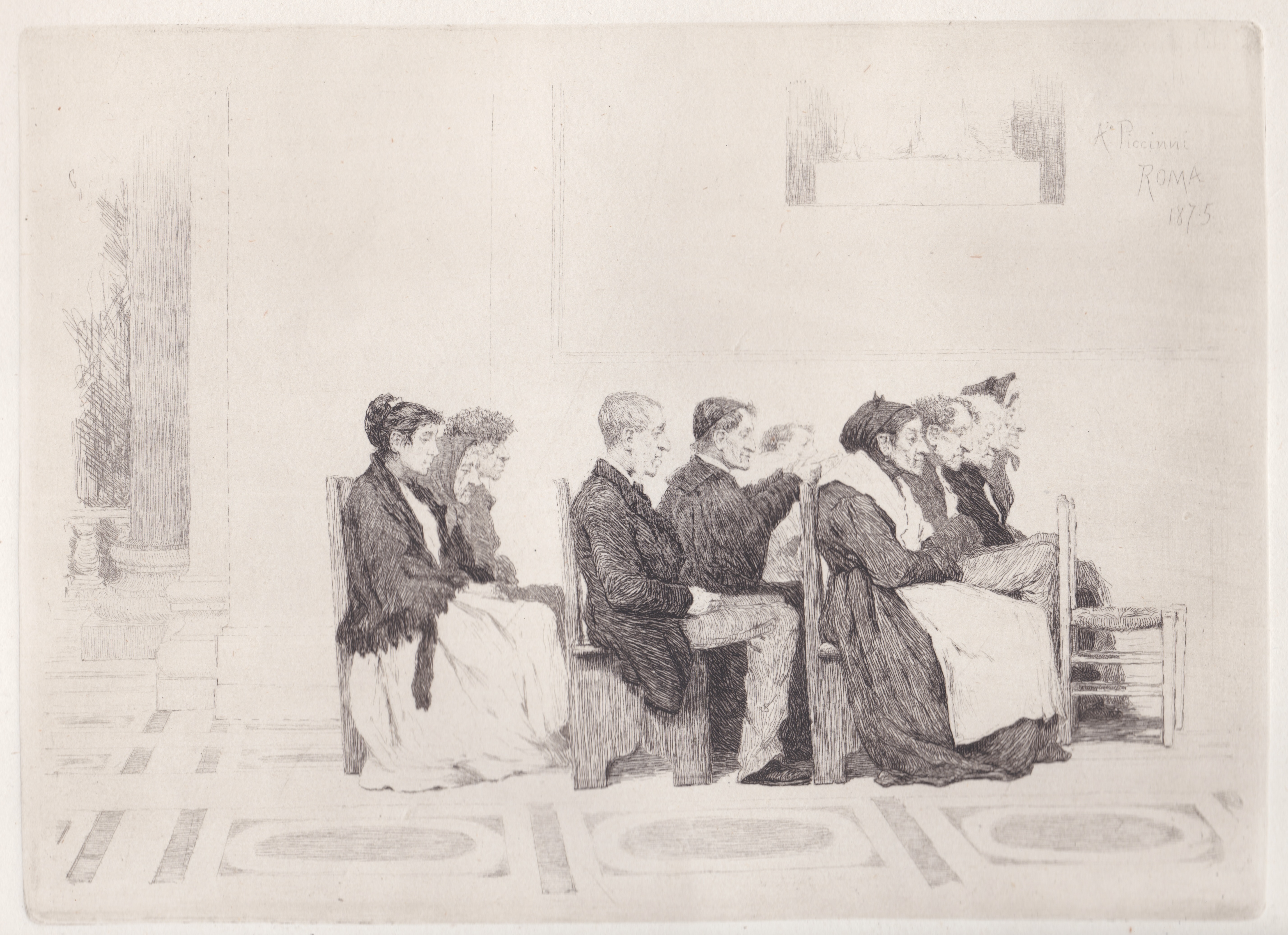 Uomini, donne e un prete in chiesa, 1875