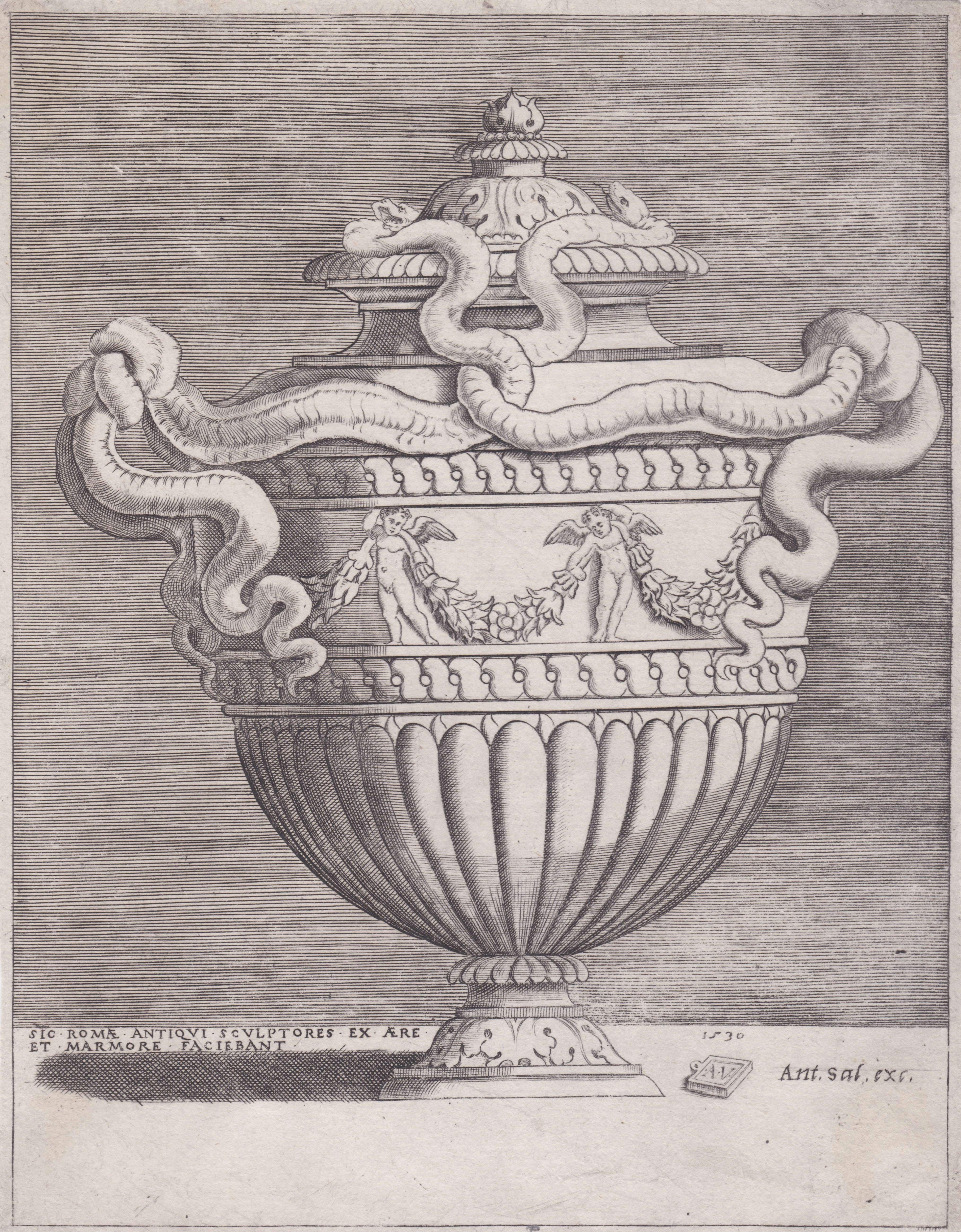Vaso a due anse con due putti che reggono un …