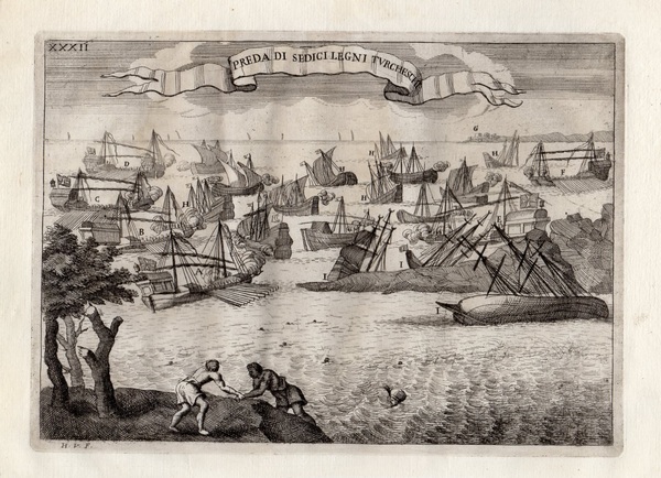 BATTAGLIA NAVALE - "Preda di sedici legni Turcheschi" Splendida acquaforte …