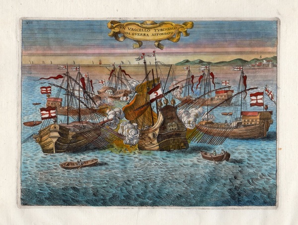 BATTAGLIA NAVALE - "Un vascello Turchesco da guerra affondato" Splendida …