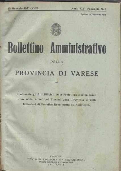 Bollettino amministrativo della Provincia di Varese annata completa del 1940 …