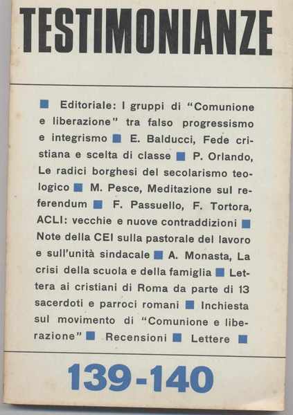 Testimonianze - n. 139-140 Novembre-Dicembre 1971 (Rivista religiosa a carattere …