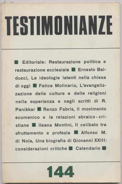Testimonianze - n. 144 Maggio-Giugno 1972 (Rivista religiosa a carattere …
