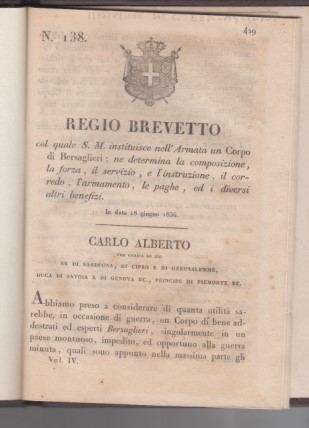 Regio Brevetto col quale S. M. instituisce nell'Armata un corpo …