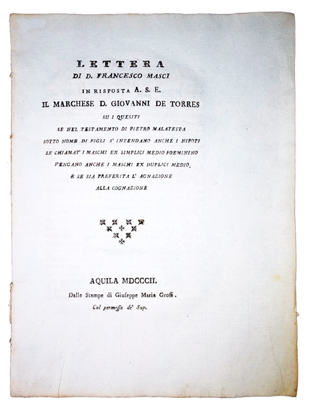 Lettera di D. Francesco Masci in risposta A.S.E. il marchese …