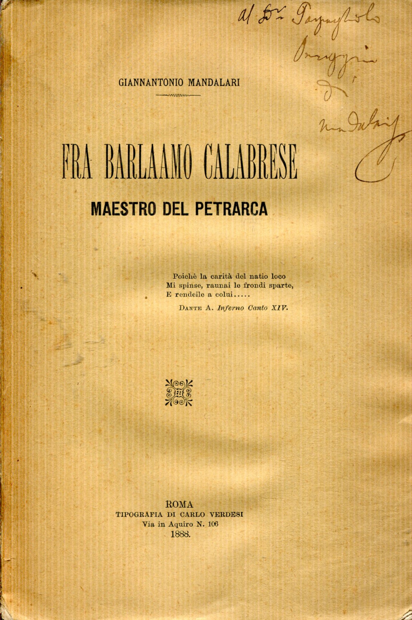 Fra Barlaamo calabrese maestro del Petrarca