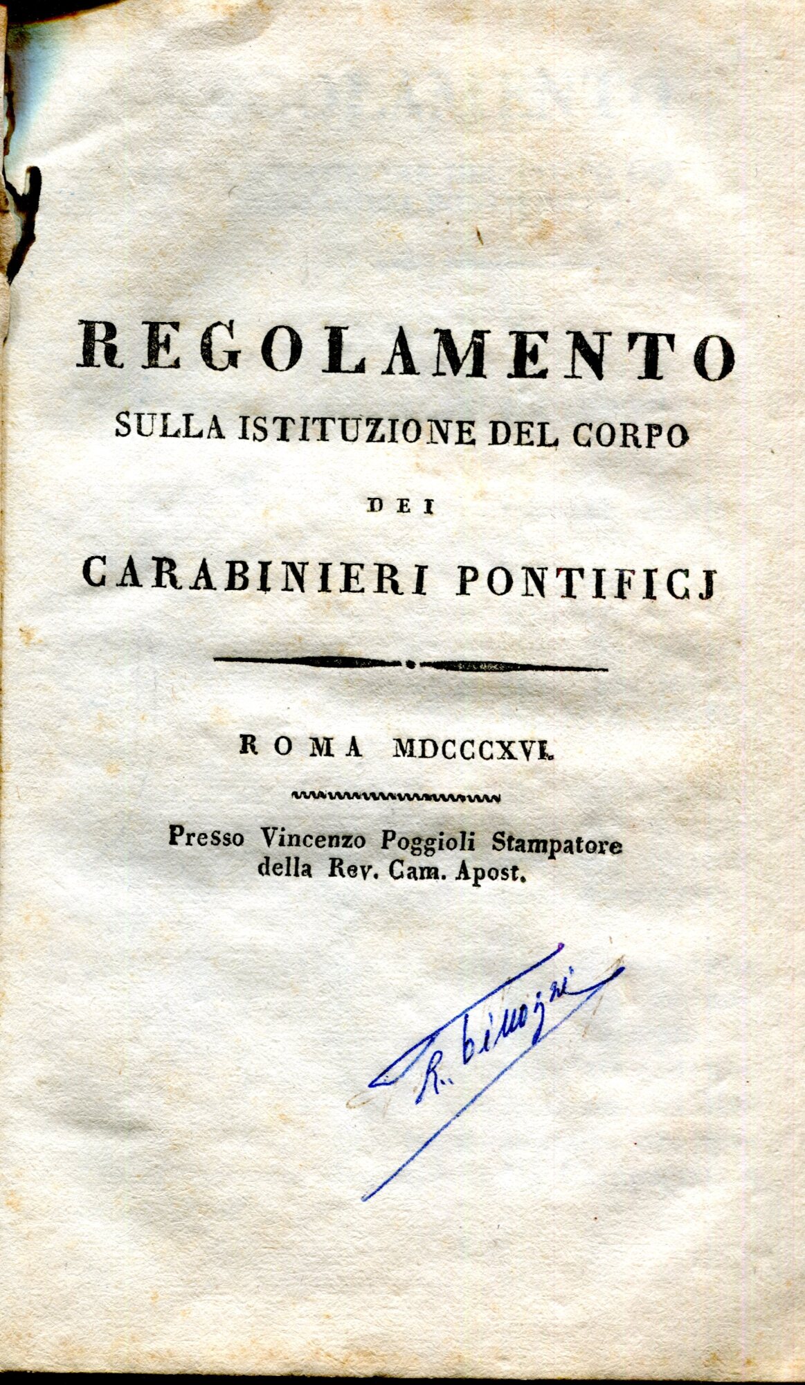 Regolamento sulla istituzione del corpo dei carabinieri pontificj