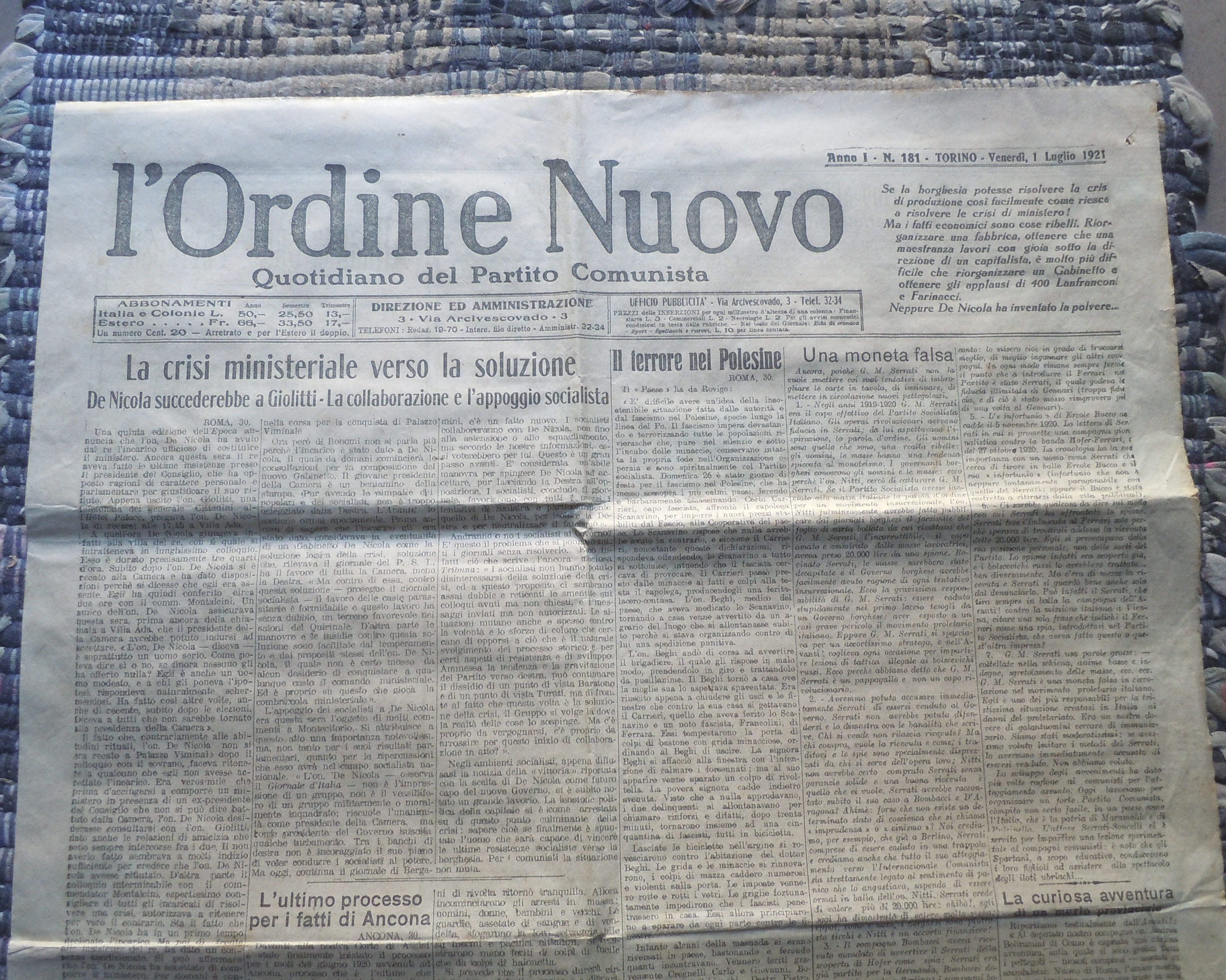 L'ORDINE NUOVO - QUOTIDIANO DEL PARTITO COMUNISTA - ANNO I. …