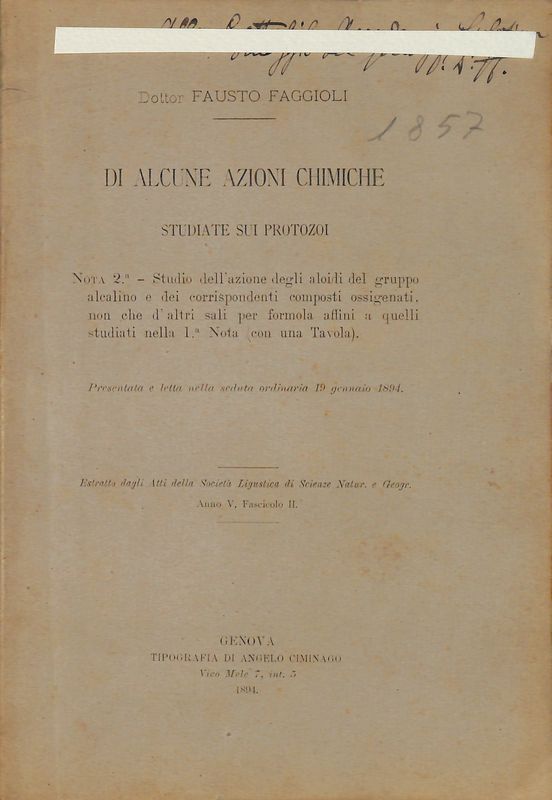 Di alcune azioni chimiche studiate sui protozoi. Estratto