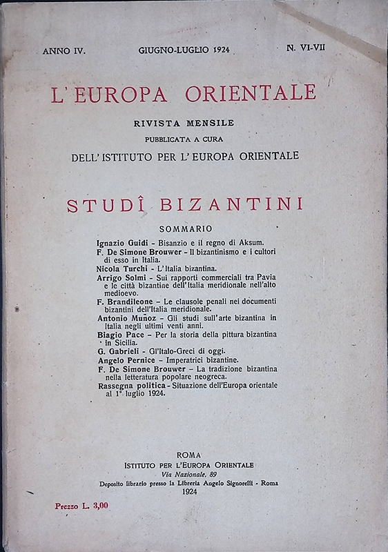 L'Europa Orientale, Anno IV, giugno-luglio 1924, n.VI-VII. Studi Bizantini