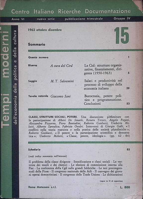 Tempi Moderni. Anno VI nuova serie N.15 ottobre-dicembre 1963