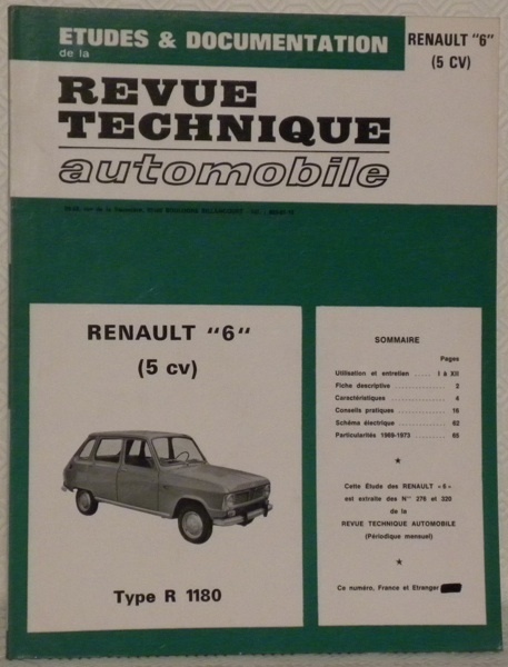Revue technique automobile. Etudes et documentation. RENAULT “6” (5cv) Type …