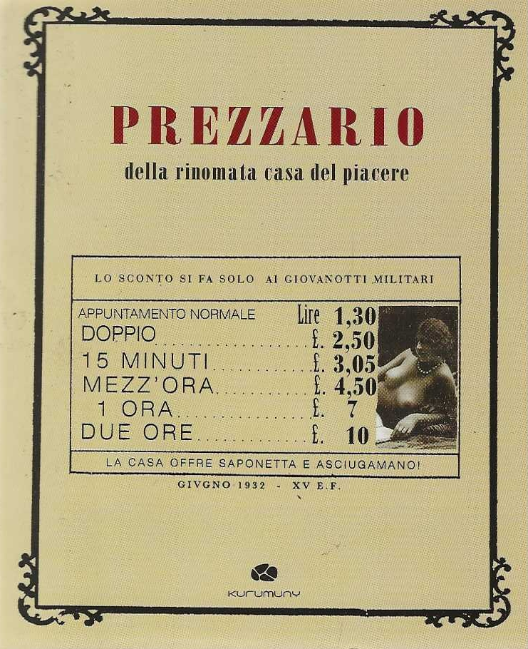 Prezzario della rinomata casa del piacere
