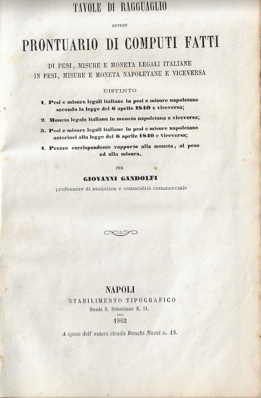 Tavole di Ragguaglio ovvero Prontuario di Computi Fatti