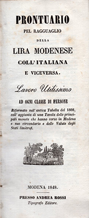 Prontuario per ragguaglio della lira modenese coll'italiana e viceversa