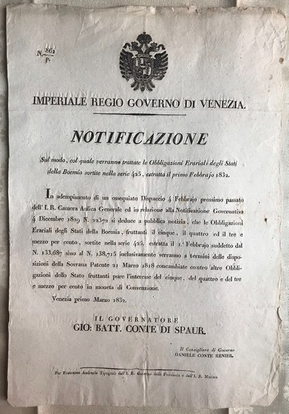 IMPERIAL REGIO GOVERNO DI VENEZIA. - NOTIFICAZIONE SUL MODO COL …