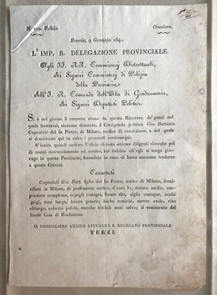 Brescia, 9 Gennajo 1840. L'Imp. R. Delegazione Provinciale. SI NEL …