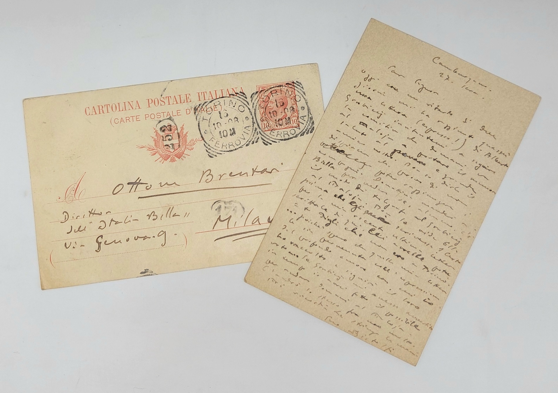2 cartoline postali indirizzate ad Ottone Brentani