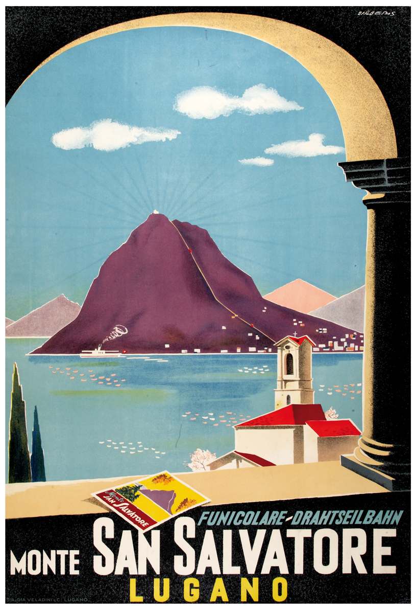 Affiche originale - Lugano Monte San Salvatore. Funicolare-Drahtseilbahn.