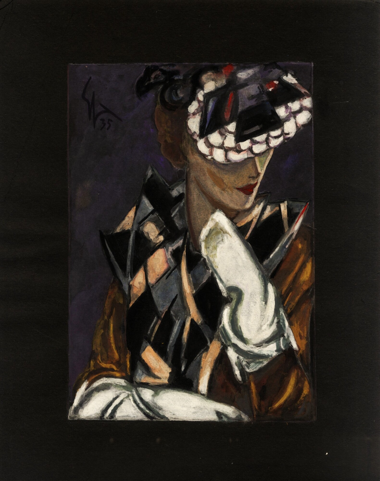 Alta Moda 1935, modello femminile con giacca e cappello, bozzetto …