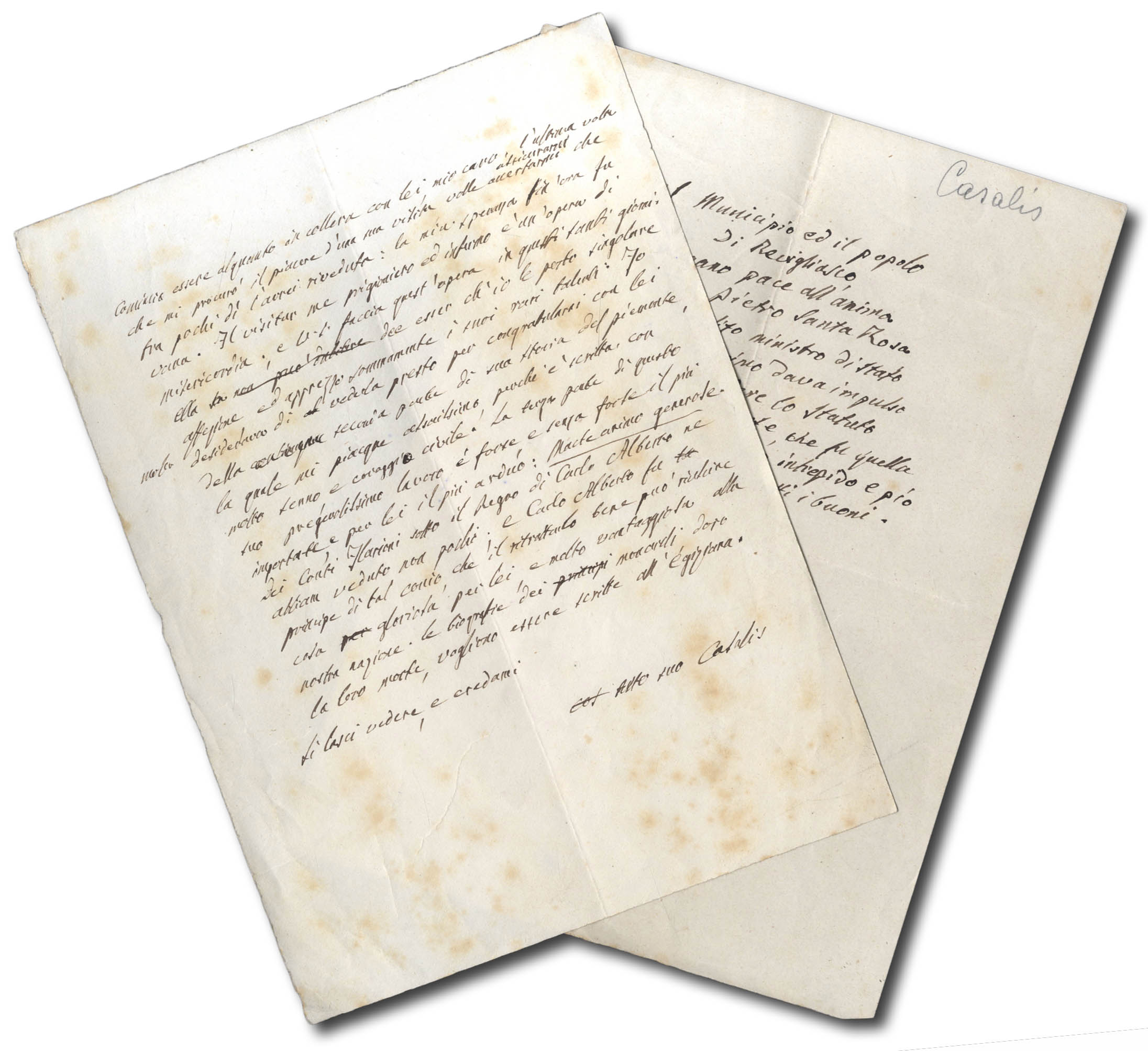 Assieme di lettera autografa firmata, foglio di appunti e necrologio …