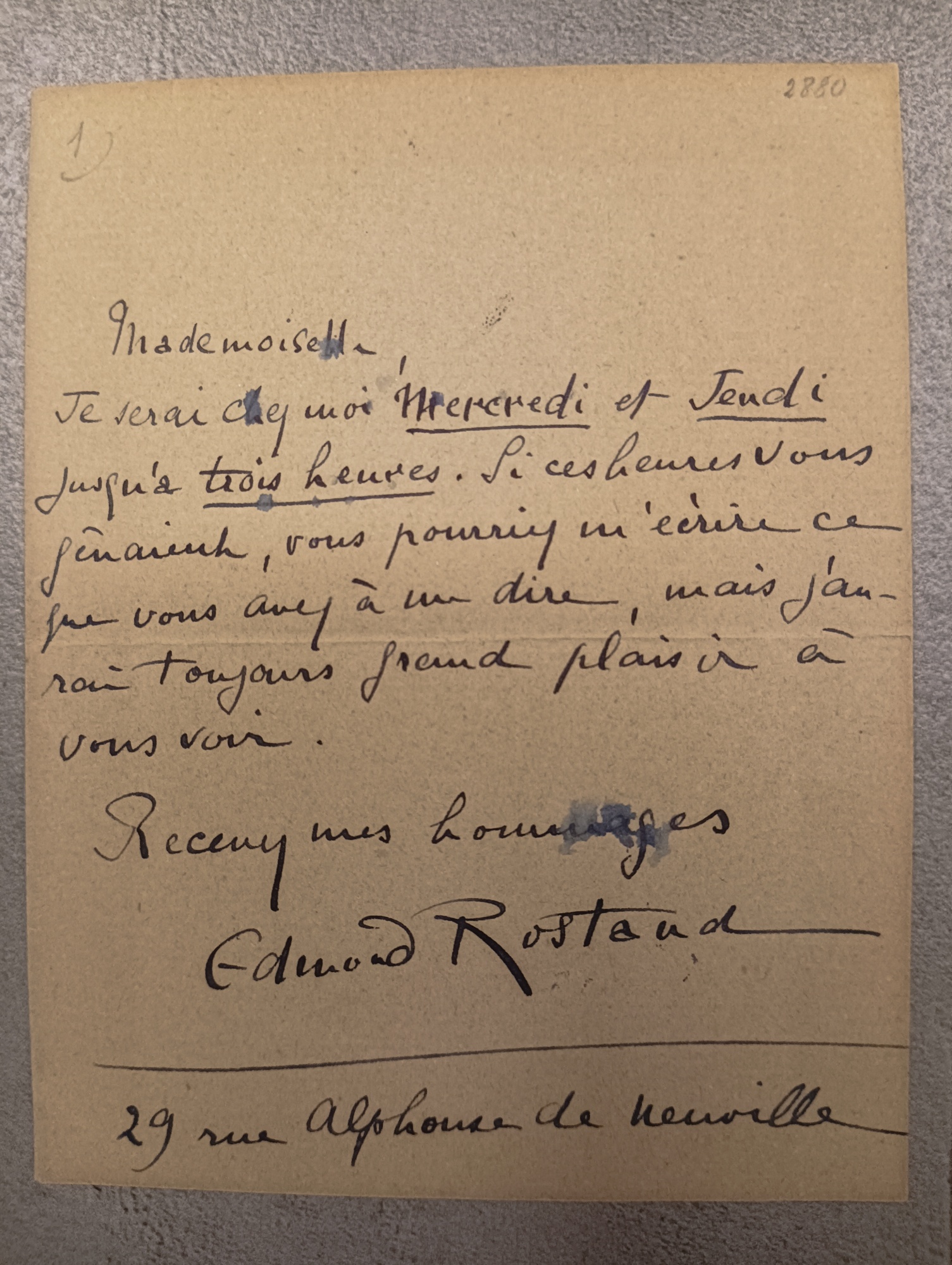 Biglietto autografo firmato ad anonima "Mademoiselle"